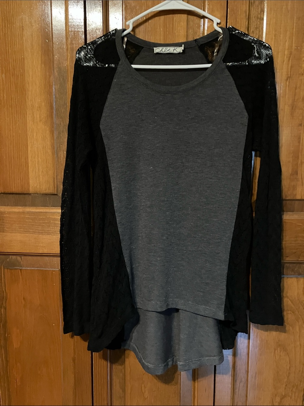 CHLOE K - Ruffled Hem Gray & Black Long Sleeve Laced & Shirt with FREE lip gloss